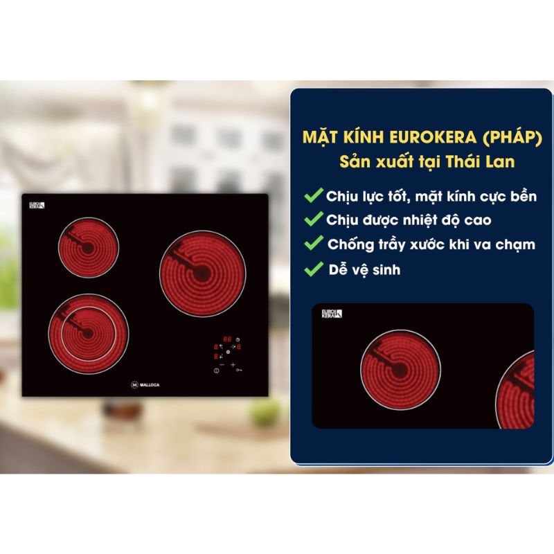 Mặt kính hồng ngoại 3 vùng nấu Malloca MH-03R Mặt kính hồng ngoại 3 vùng nấu Malloca MH-03R