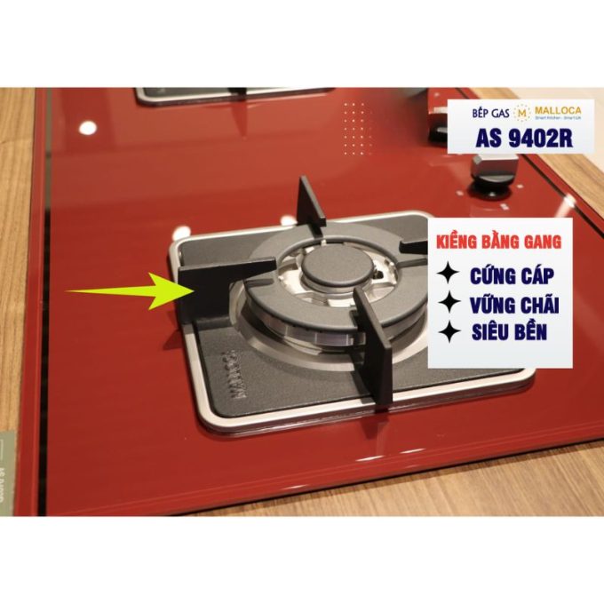 Bếp gas âm 2 vùng nấu Malloca AS 9402R / màu đỏ 3 A S 9402R kiềng gang chắc chắn