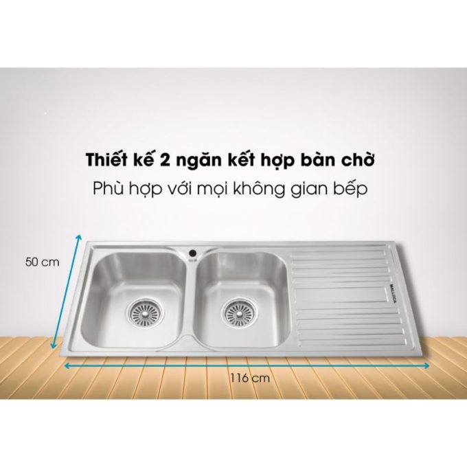 Chậu rửa chén Inox Malloca MS 1025R NEW 3 MS 1025R New thiết kế 2 ngăn kèm bàn chờ