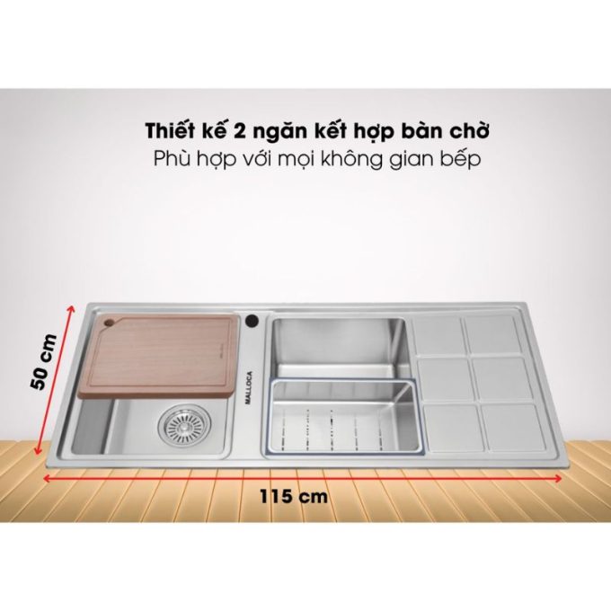 MS 8815R thiết kế 2 ngăn rửa kết hợp bàn chờ