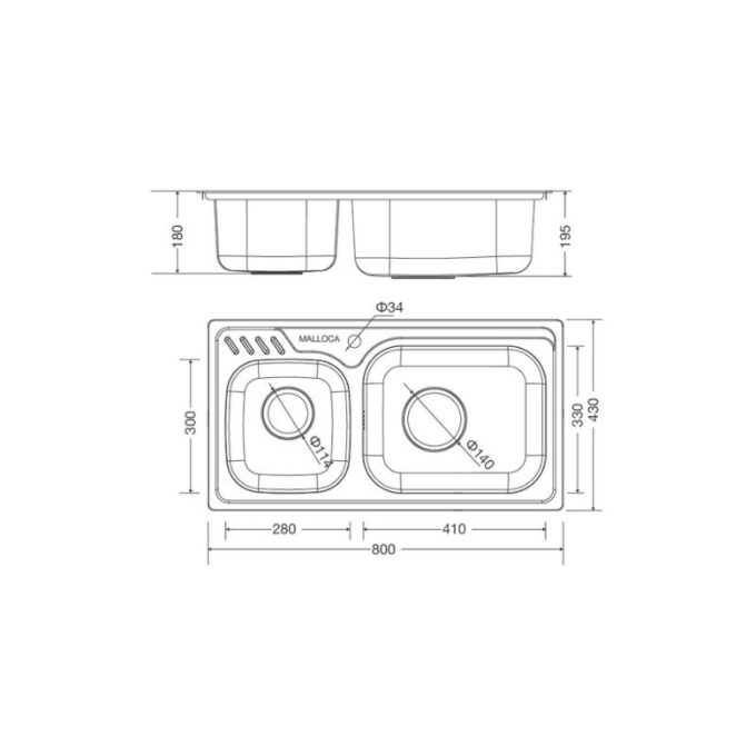 Kích thước chậu rửa bát bán thủ công Malloca MS - 1003 NEW
