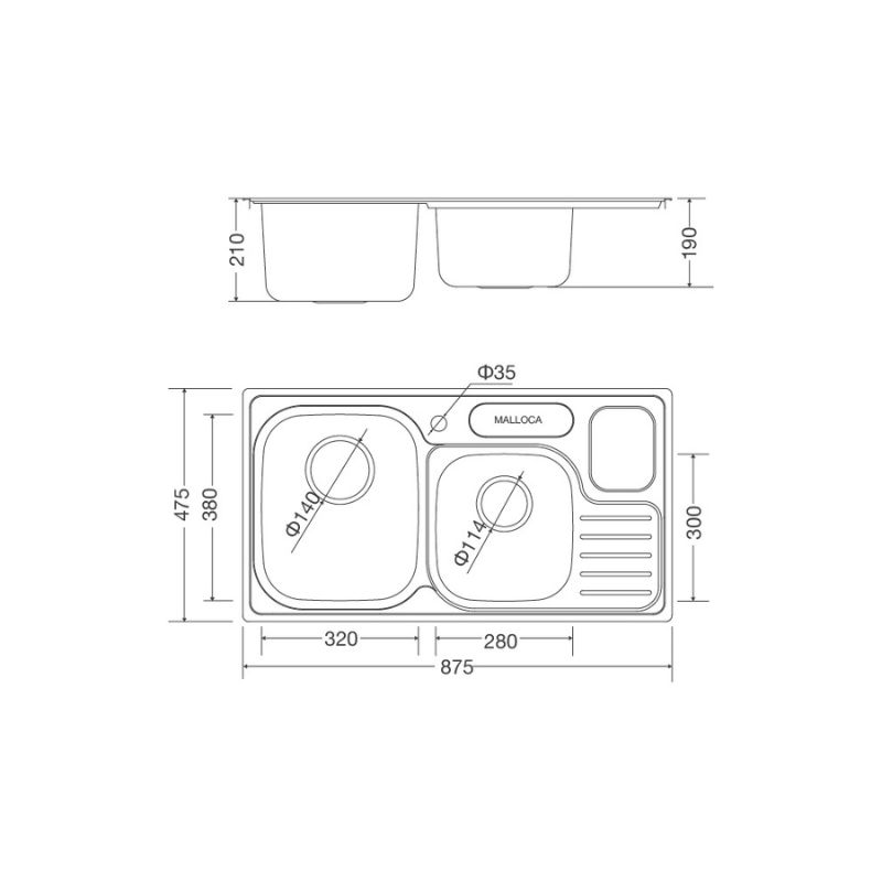 Kích thước chậu rửa bát bán thủ công Malloca MS - 1024 Kích thước chậu rửa bát bán thủ công Malloca MS - 1024
