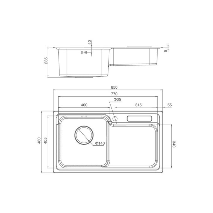 Kích thước chậu rửa bát bán thủ công Malloca MS 1028D