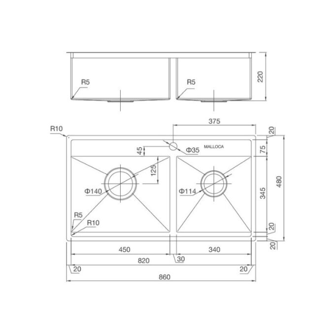 Kích thước chậu rửa bát bán thủ công Malloca MS 6304