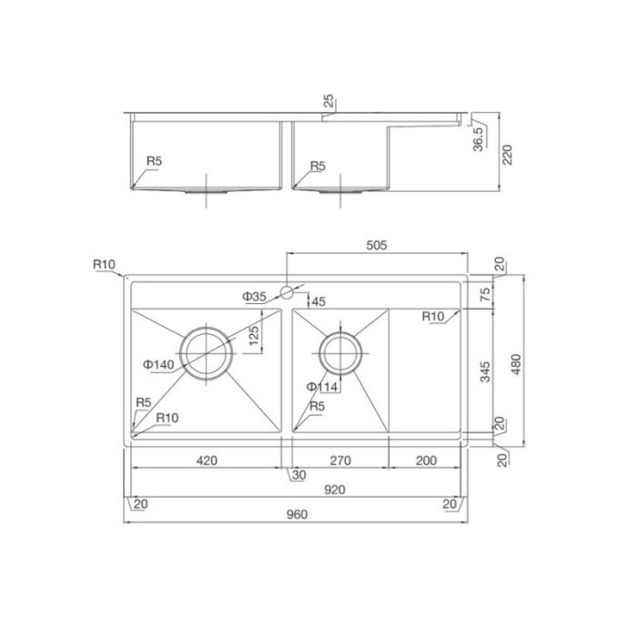 Kích thước Chậu rửa bát bán thủ công Malloca MS 6305