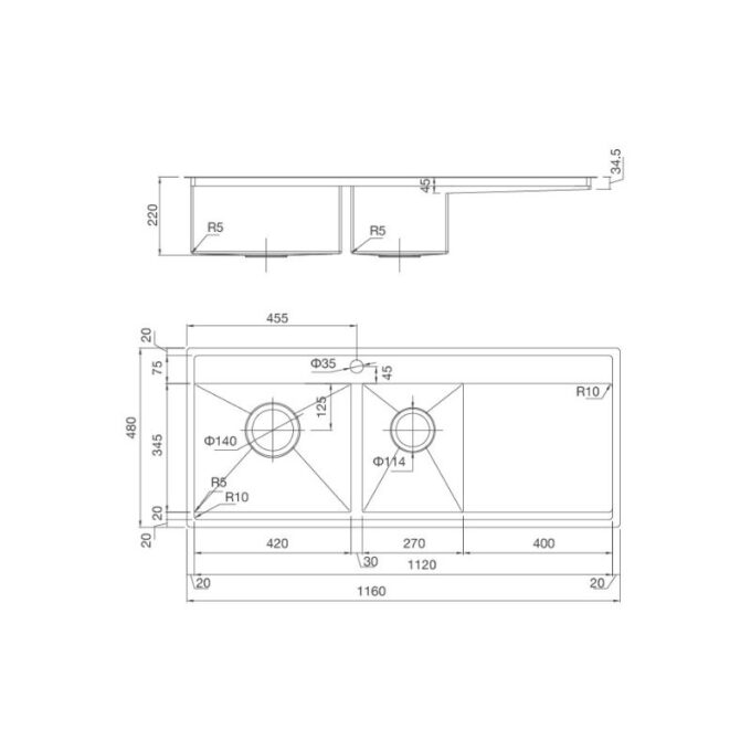 Kích thước Chậu rửa bát bán thủ công Malloca MS 6306