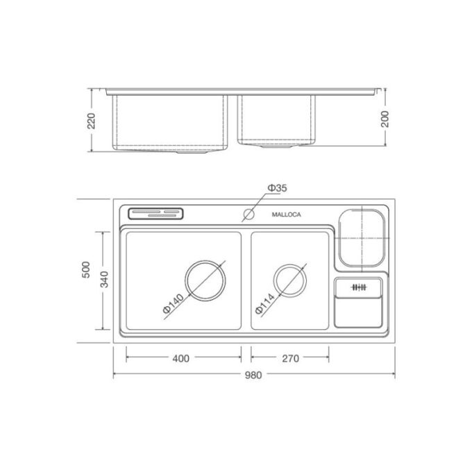 Chậu rửa bát Malloca MS 8804 3 Kích thước Chậu rửa bát bán thủ công Malloca MS 8804
