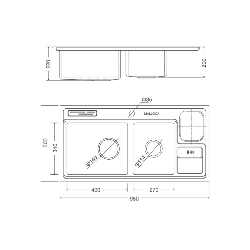 Kích thước Chậu rửa bát bán thủ công Malloca MS 8804 Kích thước Chậu rửa bát bán thủ công Malloca MS 8804