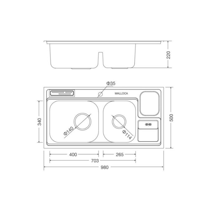 Chậu rửa bát Malloca MS 8809 3 Kích thước Chậu rửa bát bán thủ công Malloca MS 8809