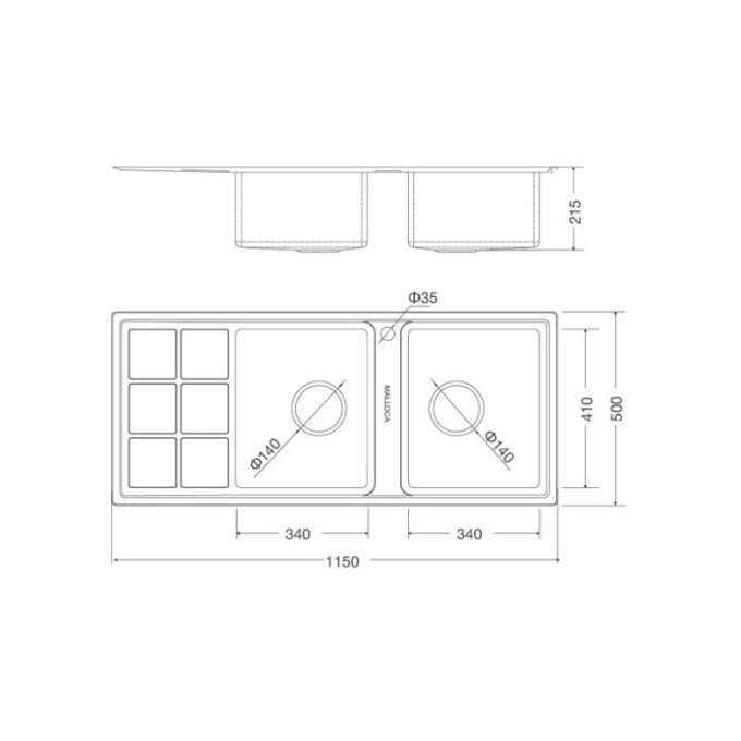 Kích thước chậu rửa bát bán thủ công Malloca MS 8815L