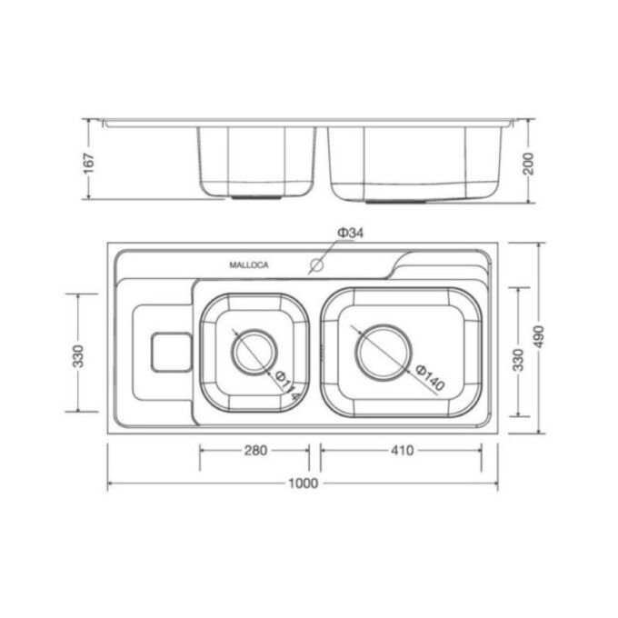 Kích thước chậu rửa bát bán thủ công Malloca MS - 1005 NEW