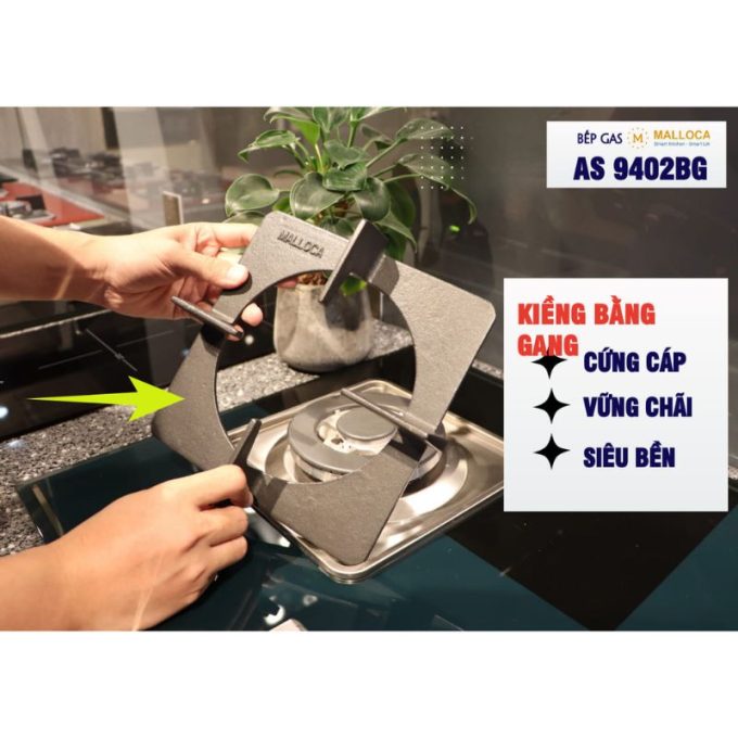 Bếp gas âm 2 vùng nấu Malloca AS 9402BG/ Màu đen + Xanh 4 AS 9402BG kiềng gang chống trơn trượt