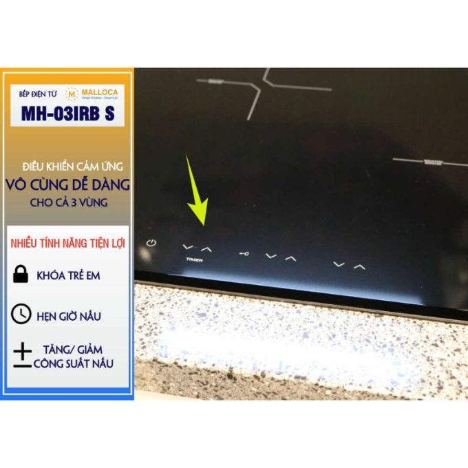 Bếp điện từ 3 vùng nấu Malloca MH-03IRB S / Bếp 2 từ 1 điện, kính Eurokera 7 MH-03IRB tích hợp nhiều tính năng