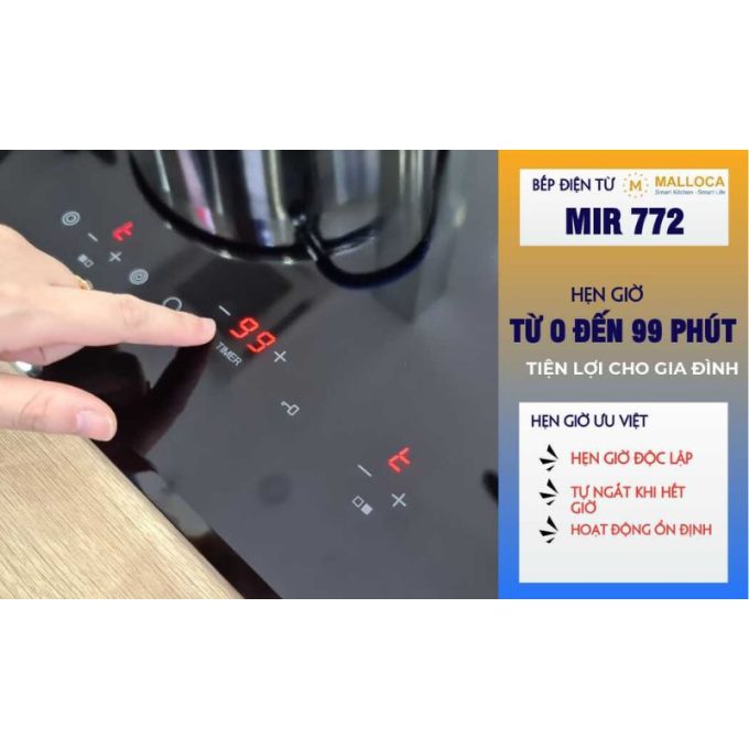 Bếp điện từ 2 vùng nấu Malloca MIR 772 / 1 từ 1 điện / Nhập khẩu Tây Ban Nha, kính Schott Ceran 5 MIR 772 hẹn giờ cho cả 2 bếp