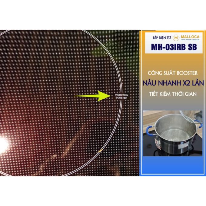 Bếp điện từ 3 vùng nấu Malloca MH 03IRB SB / Bếp 2 từ 1 điện, kính Eurokera chấm bi 5 MH-03IRB SB booster nấu nhanh hơn