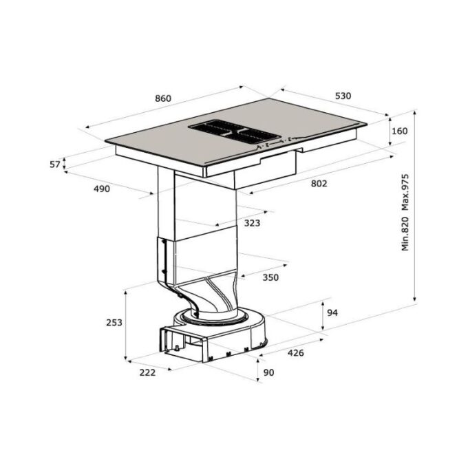 Bếp từ kết hợp máy hút mùi Malloca HIH-864 lắp âm 3 kích thước của Bếp từ kết hợp máy hút mùi Malloca HIH-864