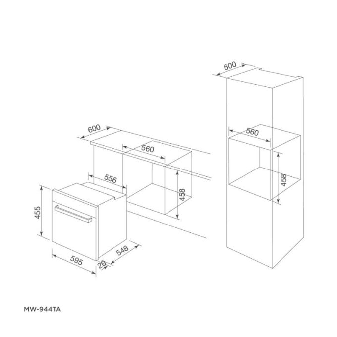 Lò nướng kết hợp vi sóng âm tủ 44L Malloca MW-944TF 4 kích thước của Lò nướng kết hợp vi sóng âm tủ Malloca MW-944TF