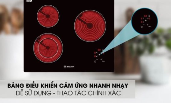 Bếp hồng ngoại 3 vùng nấu Malloca MH-03R / Mặt kính Eurokera 8 Bảng điều khiển cảm ứng dễ sử dụng