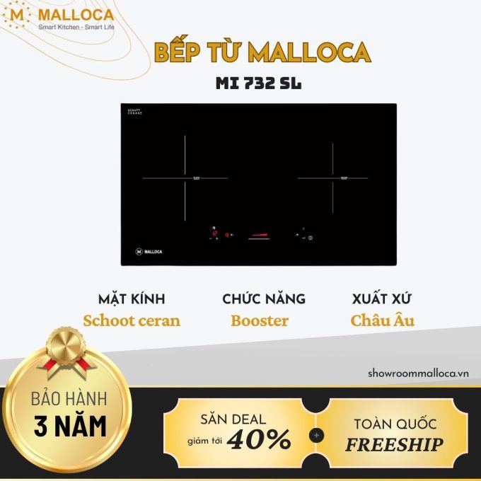 Bếp từ 2 vùng nấu Malloca MI 732 SL / Nhập khẩu Tây Ban Nha, kính Schott Ceran