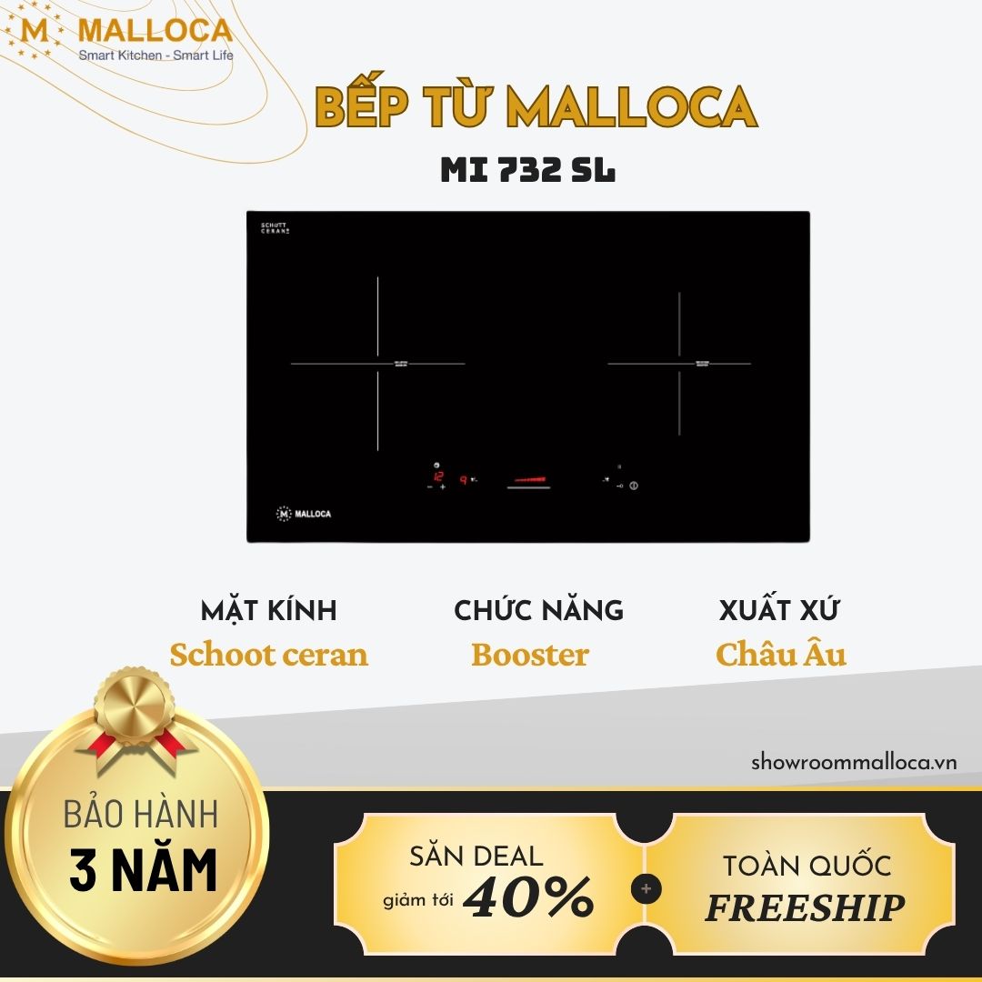 Bếp từ 2 vùng nấu Malloca MI 732 SL / Nhập khẩu Tây Ban Nha, kính Schott Ceran