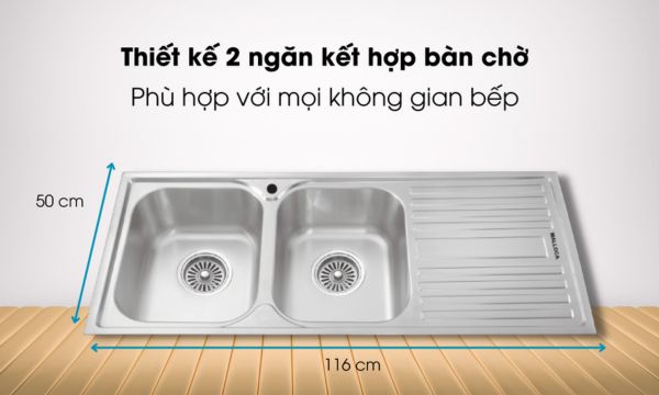 Chậu rửa chén Inox Malloca MS 1025R NEW 7 MS 1025R New thiết kế 2 ngăn kèm bàn chờ