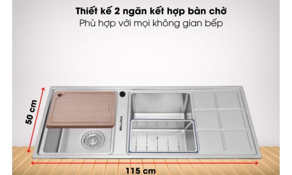 MS 8815R thiết kế 2 ngăn rửa kết hợp bàn chờ