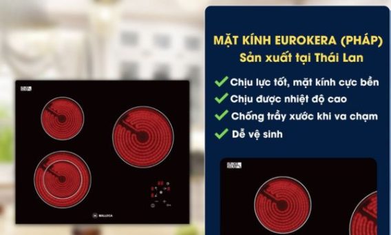 Bếp hồng ngoại 3 vùng nấu Malloca MH-03R / Mặt kính Eurokera 9 Mặt kính Eurokera cao cấp