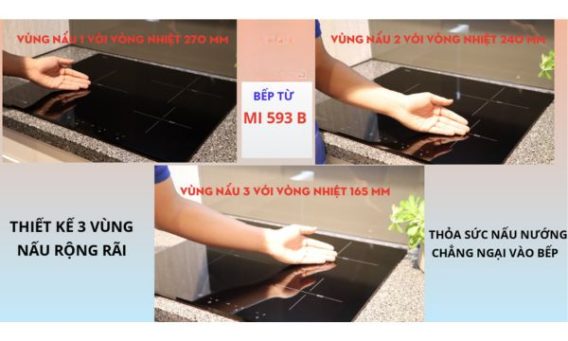 Bếp từ 3 vùng nấu Malloca MI 593B / Nhập khẩu Tây Ban Nha, kính Schott Ceran 4 Thiết kế 3 vùng nấu rộng rãi, thoải mái
