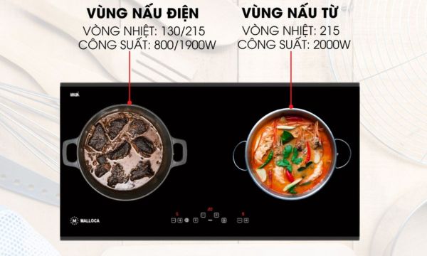 Bếp điện từ 2 vùng nấu Malloca MH 02IR D / Bếp 1 điện 1 từ, Kính Eurokera 10 MH-02IR D 2 vùng nấu rộng rãi