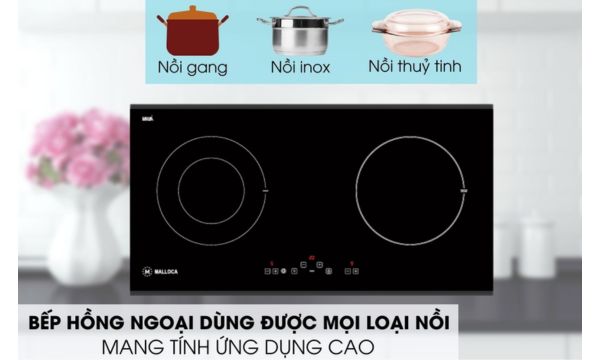 Bếp điện từ 2 vùng nấu Malloca MH 02IR D / Bếp 1 điện 1 từ, Kính Eurokera 12 MH-02IR D dùng được với đa dạng nồi