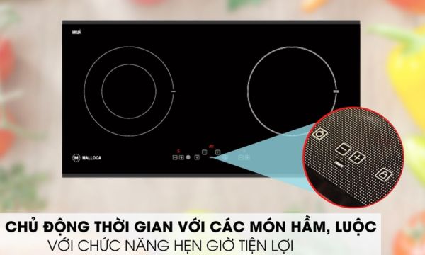 Bếp điện từ 2 vùng nấu Malloca MH 02IR D / Bếp 1 điện 1 từ, Kính Eurokera 13 MH-02IR D tính năng hẹn giờ hiệu quả