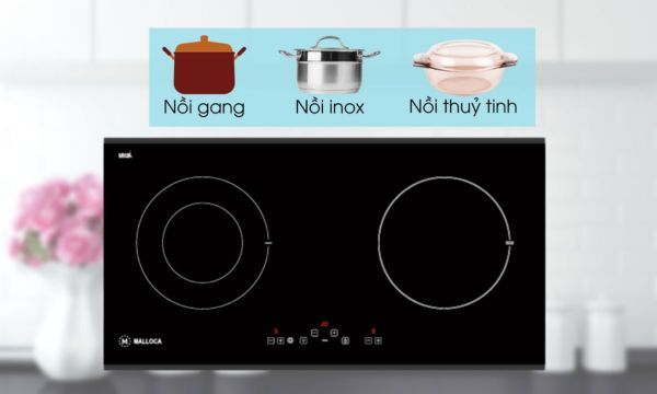 Bếp điện từ 2 vùng nấu Malloca MH-02IR LB / Bếp 1 điện 1 từ, kính Eurokera 11 MH-02IR LB tự nhận diện xoong nồi