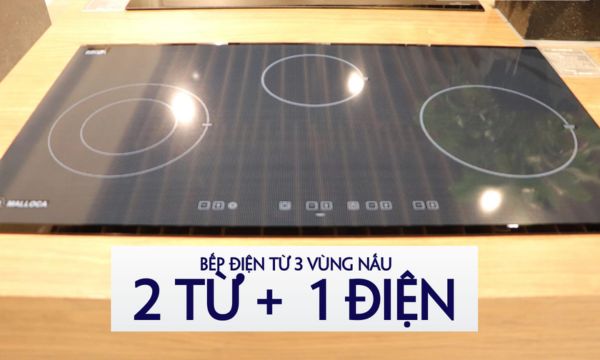 Bếp điện từ 3 vùng nấu Malloca MH 03IRB SB / Bếp 2 từ 1 điện, kính Eurokera chấm bi 11 MH-03IRB SB 3 vùng nấu rộng rãi