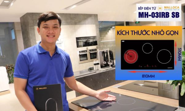 Bếp điện từ 3 vùng nấu Malloca MH 03IRB SB / Bếp 2 từ 1 điện, kính Eurokera chấm bi 9 MH-03IRB SB kích thước bếp nhỏ gọn