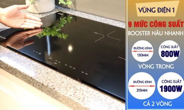 Bếp điện từ 3 vùng nấu Malloca MH-03IRB S / Bếp 2 từ 1 điện, kính Eurokera 13 MH-03IRB vùng điện 1