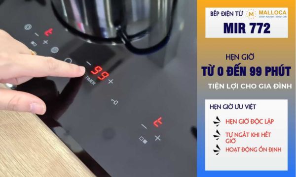 Bếp điện từ 2 vùng nấu Malloca MIR 772 / 1 từ 1 điện / Nhập khẩu Tây Ban Nha, kính Schott Ceran 12 MIR 772 hẹn giờ cho cả 2 bếp