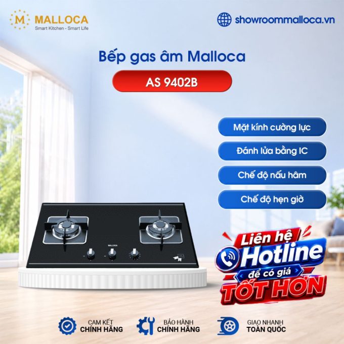 Bếp gas âm 2 vùng nấu Malloca AS 9402B / Màu đen