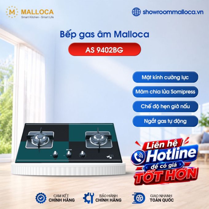 Bếp gas âm 2 vùng nấu Malloca AS 9402BG/ Màu đen + Xanh