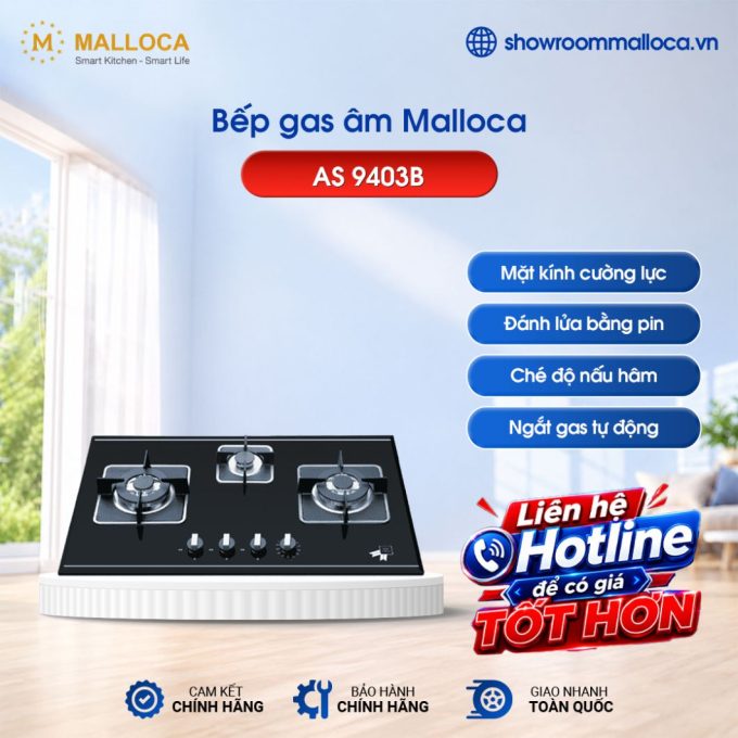 Bếp gas âm 3 vùng nấu Malloca AS 9403B / màu đen