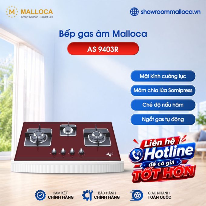 Bếp gas âm 3 vùng nấu Malloca AS 9403R / Màu đỏ
