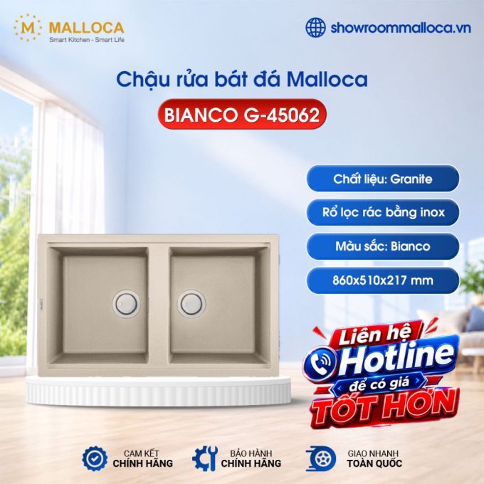 Chậu đá Malloca Bianco G-45062 / Màu kem / 2 Hộc bằng nhau
