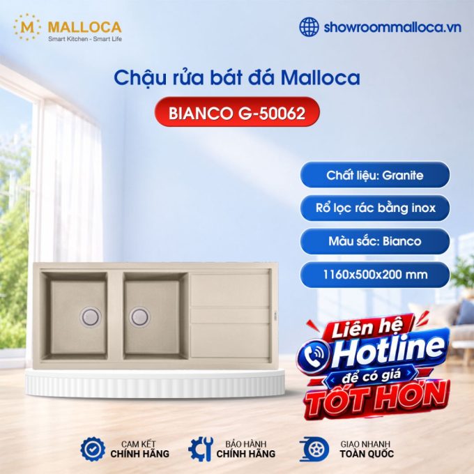 Chậu rửa bát đá 2 hố Malloca BIANCO G-50062