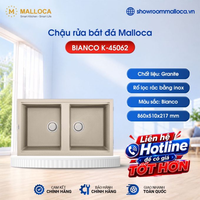 Chậu rửa bát đá 2 hố Malloca BIANCO K-45062