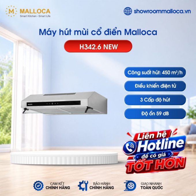 Máy hút mùi cổ điển 60cm Malloca H342.6 New (Inox, kính đen)