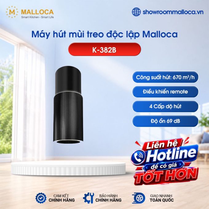 Máy hút khói khử mùi – treo độc lập Malloca Monoblack K-382B