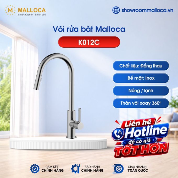Vòi rửa bát nóng lạnh Malloca K012C có dây rút