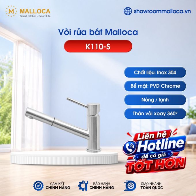 Vòi rửa bát nóng lạnh Malloca K110-S có dây rút