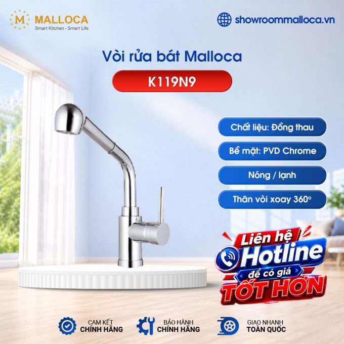 Vòi rửa bát nóng lạnh Malloca K119N9 có dây rút