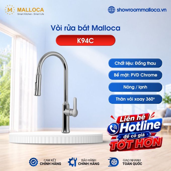 Vòi rửa bát nóng lạnh Malloca K94C có dây rút