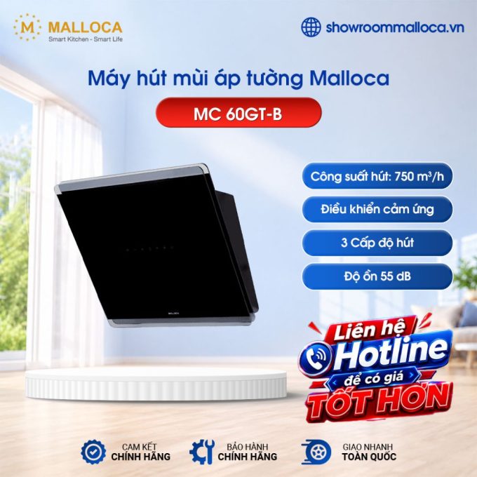 Máy hút khói khử mùi áp tường Malloca MC 60GT-B
